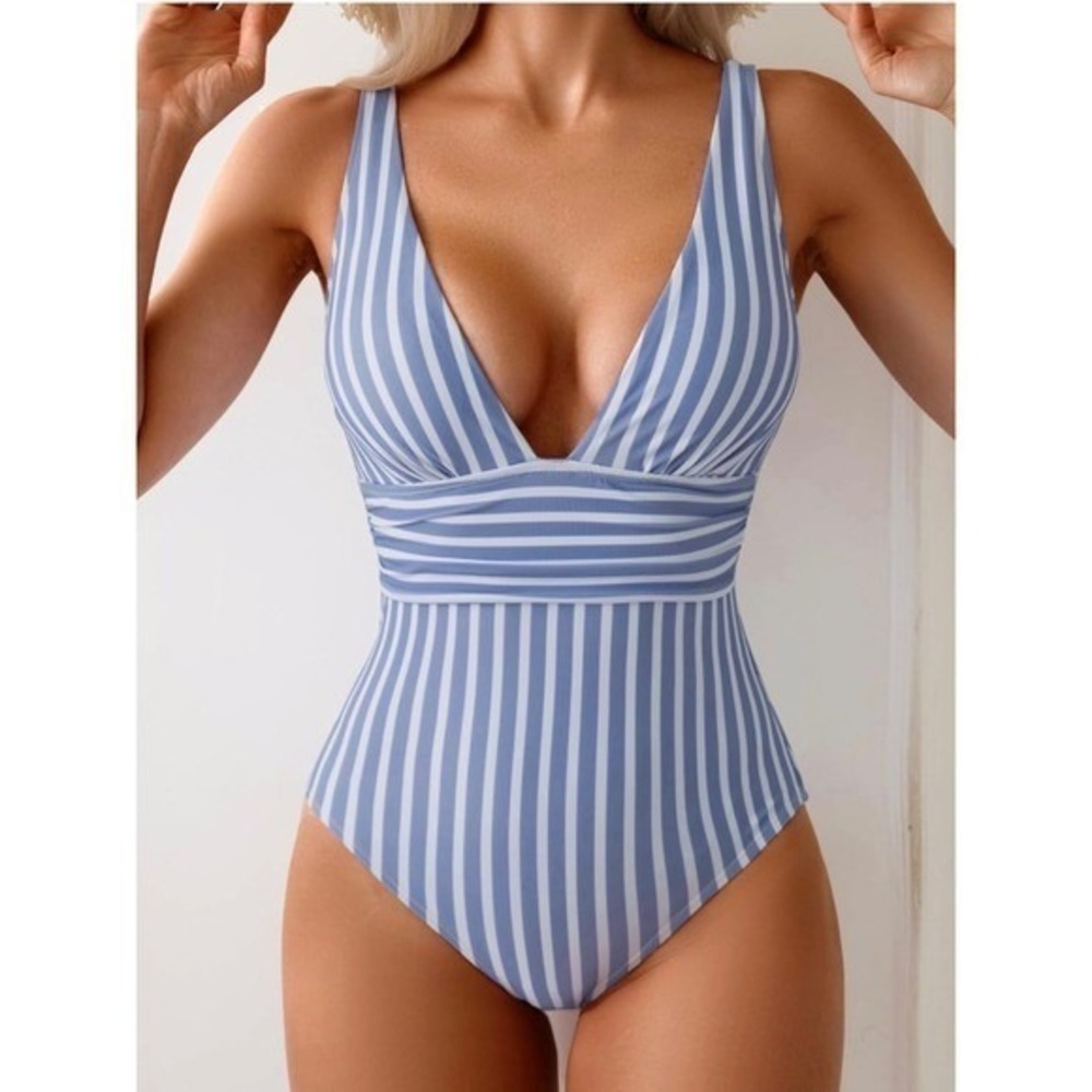 Eomenie Womens Blue White Striped One Piece Swimsuit Ruched V-Neck Size M